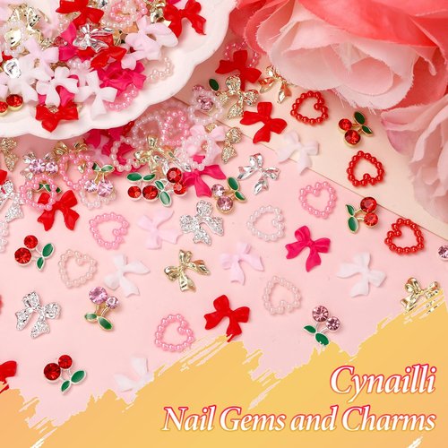 Pink 3D Nail Gems Charms Y2K, Silver Gold Cherry Bow Nail Charms, Heart Bowknot Nails Art Charms, Red White Pink Nail Bow Charms for Nail Art Design DIY with Tweezers