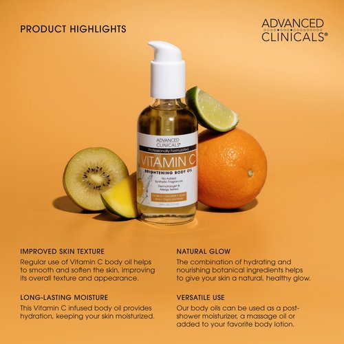 Advanced Clinicals Brightening Vitamin C Body Oil For Women & Men | Vitamin C Glow Oil Skin Care Body Moisturizer With Vitamin E + Botanicals To Help Improve Look Of Dark Spots + Dry Skin, 3.8 Fl Oz