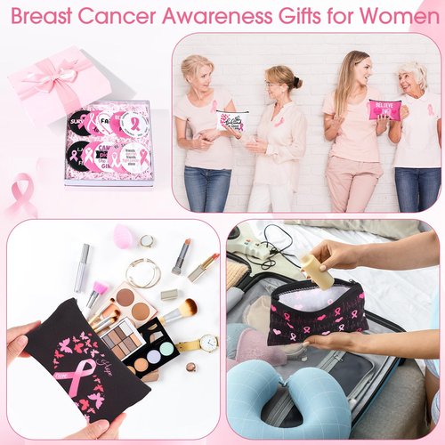 Amylove 40 Pcs Breast Cancer Gifts for Woman, 20 Breast Cancer Awareness Makeup Bags and 20 Pink Ribbon Compact Mirrors Care Gifts for Survivors Patients