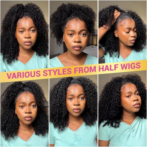 Urbeauty Half Wigs for Black Women Short Kinky Curly 3 in1 Half Wig Human Hair Soft Feeling Protein Silk Synthetic Hair Soft Lightweight Glueless Quick Install, Beginner Friendly Daily & Flip Over Wig