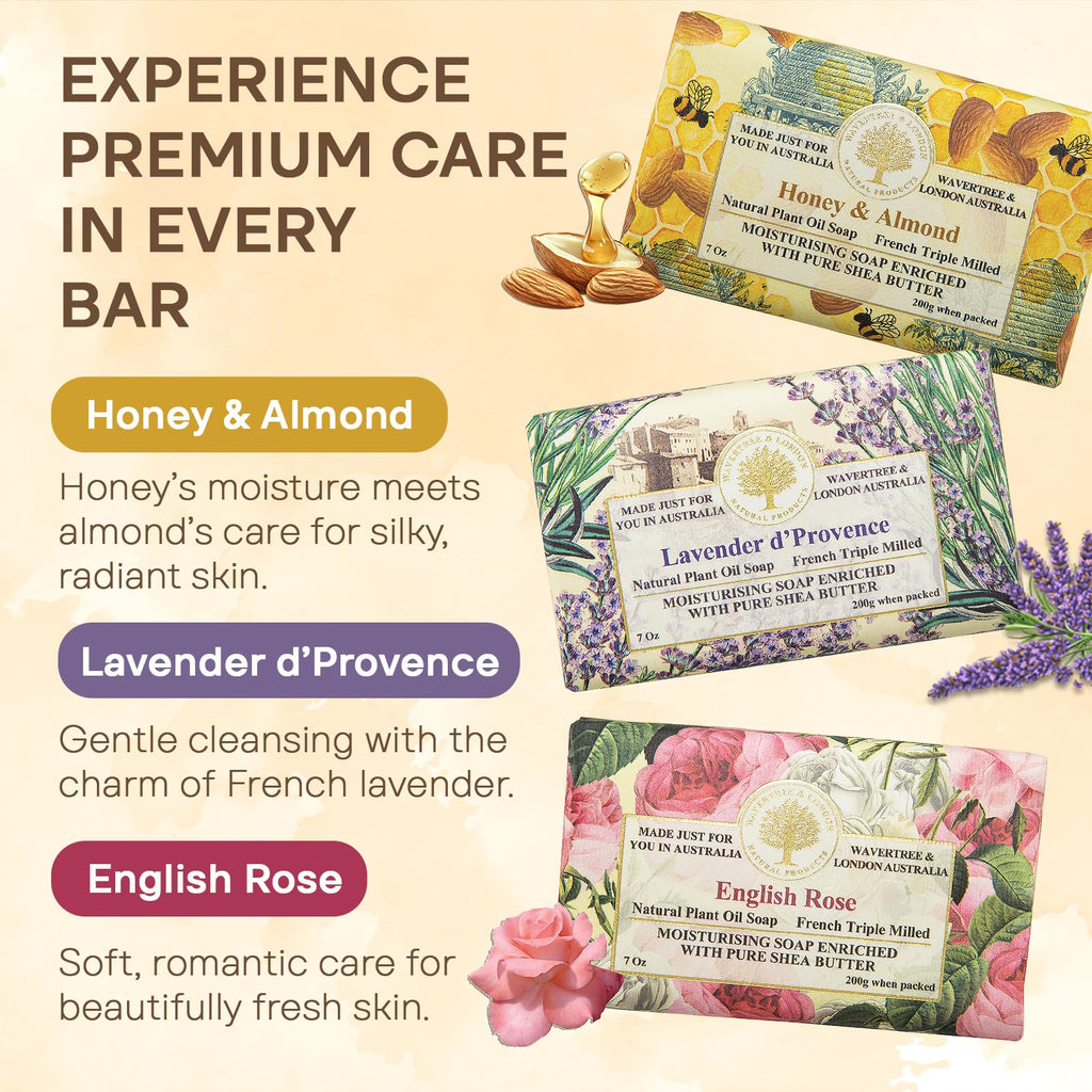 Wavertree & London Natural Soap Bars Gift Set (Set of 6), 7 Oz Assorted Scented Bar Soap Gift Box for Women & Men, Moisturizing & Pure Triple Milled Luxury Bath Soap Bars enriched with Shea Butter