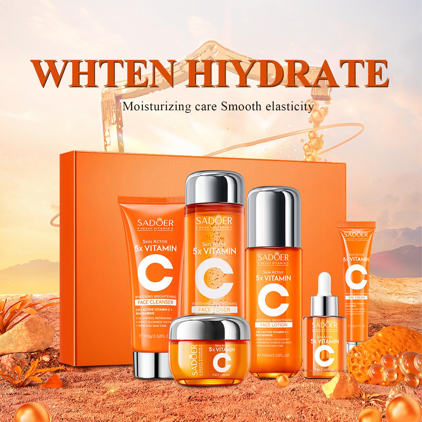 Vitamin C Skincare Set for Women & Teens - 6Pcs Travel Skincare Kit with Cleanser, Toner, Serum, Eye Cream, Face Cream & Lotion - Hydrating, Teen Skin Care & Women's Facial Gift Set