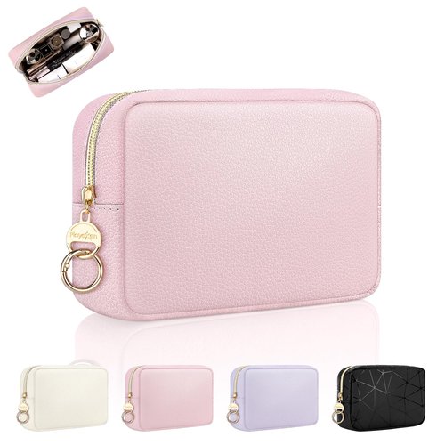 Playexen Small Makeup Bag for Purse, PU Leather Small Cosmetic Bag, Portable Toiletry Makeup Pouch Purse for Travel Daily Use, Wedding/Christmas/Birthday Gifts (Pink)