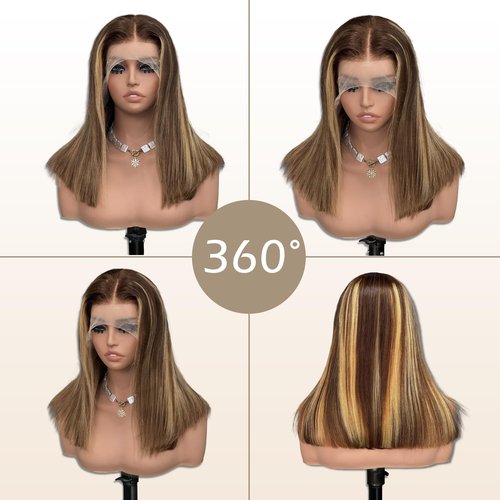 Bestvivid Highlight Honey Blonde 13x4 HD Lace Front Wigs Human Hair 4/27 Lace Front Bob Wig Human Hair Pre Plucked Middle Part Ombre Colored Transparent Lace Frontal Wigs (8 Inch, 4/27 Highlight)