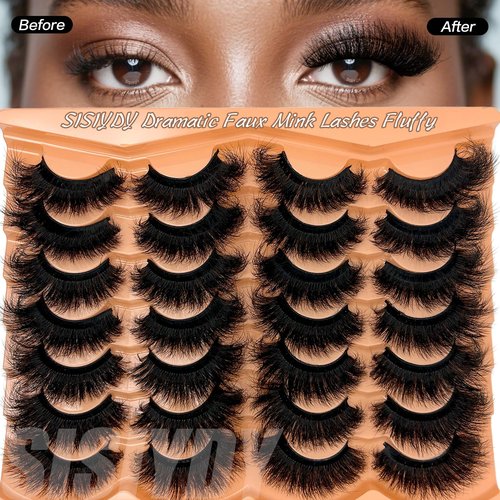 SISIYDY Mink Lashes Fluffy Dramatic Volume D Curl Big Lashes 20mm 25mm Long Cat Eyelashes Strips 14 Pairs Faux Mink Eyelash Pack Look Like Extensions For Full Eye Look YH203