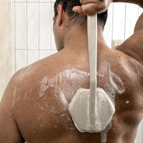 TOOLETRIES Silicone Back Scrubber - Exfoliating Shower Brush, Back Washer for Men, Durable Back Brush with Long Handle - Long Lasting Bath & Shower Accessories - Sand