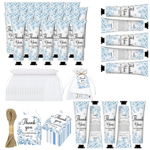 50 Sets Blue Flower Baby Shower Hand Cream Set, Hand Cream Favors for Guests Bridal Wedding Baby Shower Gift Bulk Travel Size Gifts with Thank You Card & Organza Bags(blue flower)