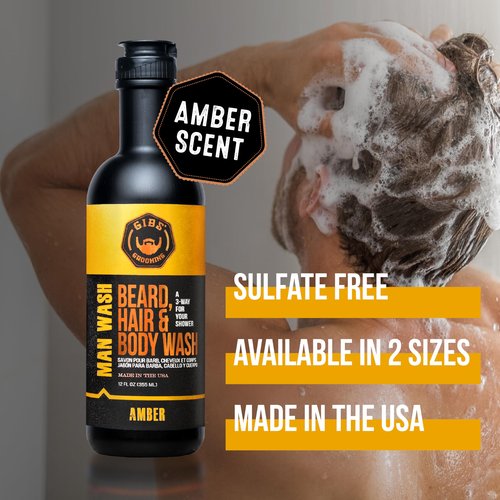 GIBS Grooming Amber 3 in 1 Body Wash For Men, Beard & Hair Moisturizing and Cleansing Liquid Body Wash Liter - Sulfate and Paraben Free