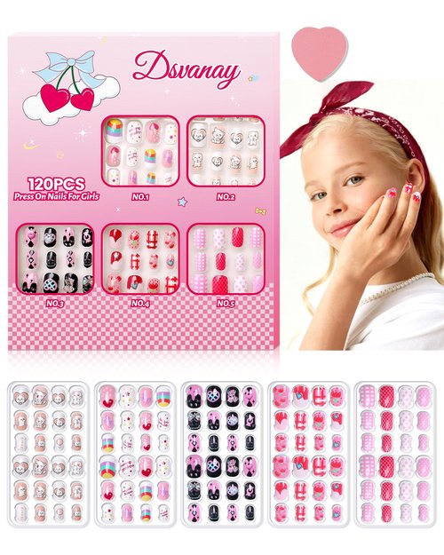 120PCS 5 Pack Press on Nails for Kids,Tweens Girls Soft Fake Nail Kit, Reusable Creative Design Nails, Full Cover Glitter Stick on Nails Girl Nails for Ages 8-12
