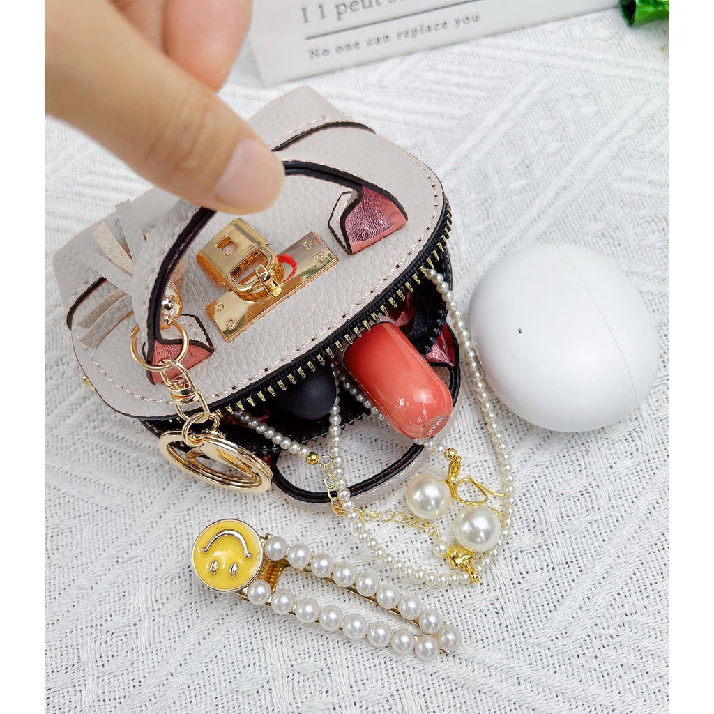 YJUBAOA 2 pcs Mini Makeup Bag for Women PU Leather Backpack Keychain Mini Wallet Key Pocket Lipstick Bag Card Holder (Handbag, White + Black)