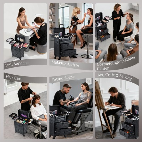 Stagiant Rolling Makeup Case with Drawers Cosmetology Case on Wheels 3 IN 1 Makeup Case 2 Drawers with Foot Stand Spring-release Mechanism Rolling Make Up Organizer for Artist Salon Nail Teach Trunk