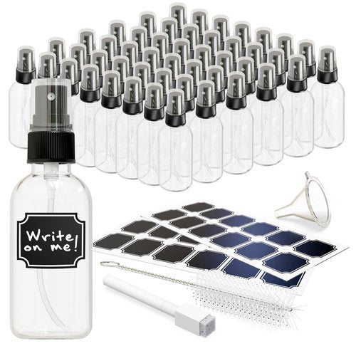 Nevlers Clear Glass Small Spray Bottle 2 Oz 48 Pack | Mini Travel Spray Bottle Set with Funnel, Brush, Marker & Labels | Face, Hair & Body Spritzer Bottles | Small Atomizer Mist Bottles for Perfume