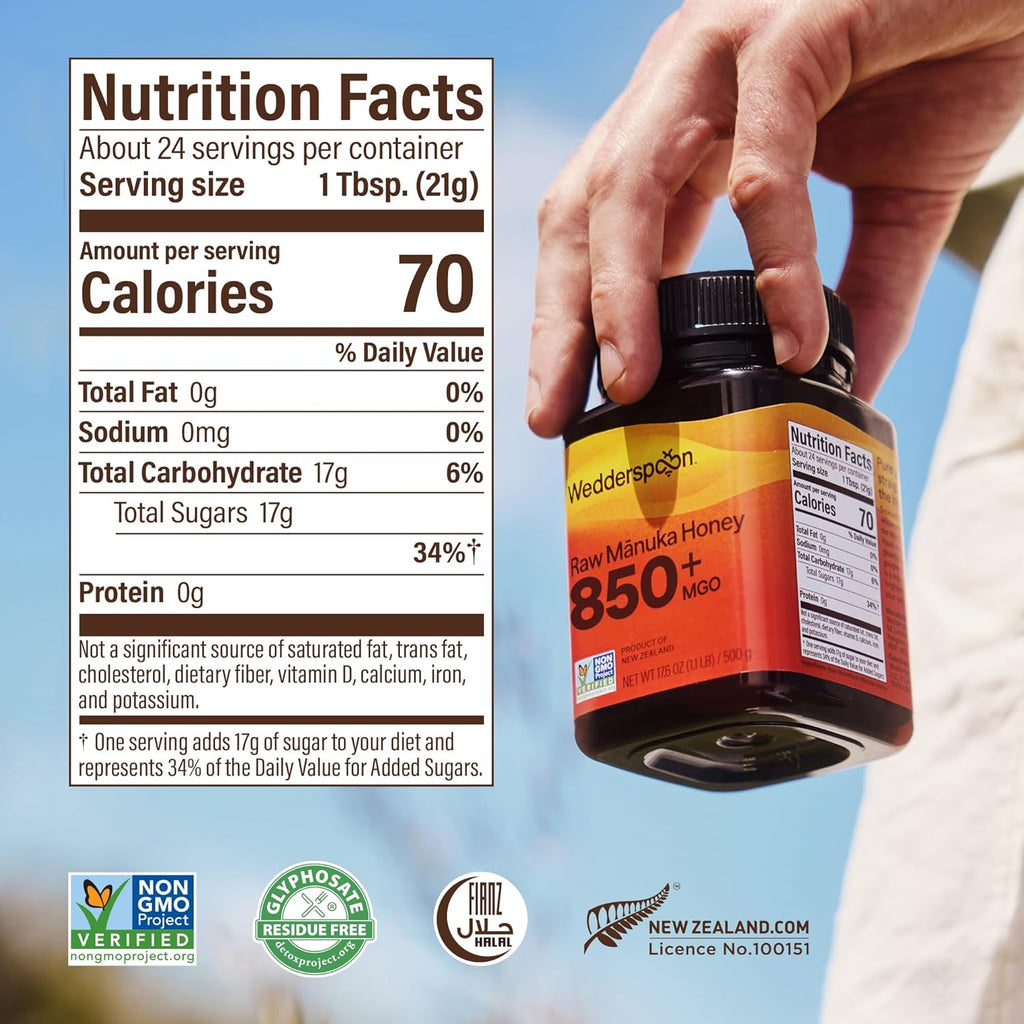 Wedderspoon Raw Manuka Honey 850+ MGO - Unpasteurized Superfood in 17.6 Oz BPA-Free Jar