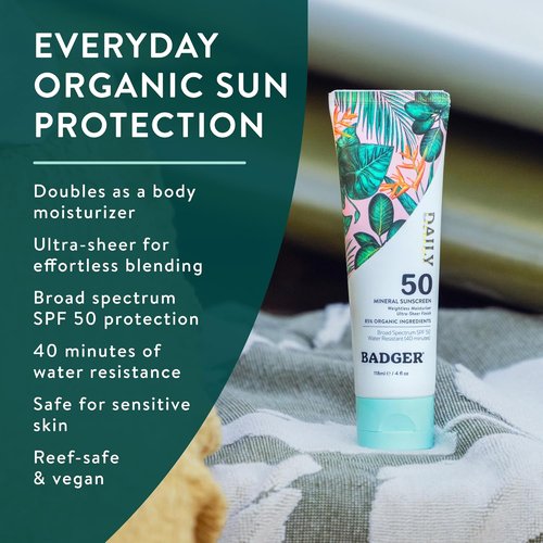 Badger SPF 50 Mineral Sunscreen - Lightweight, Moisturizing & Reef Safe | 4 fl oz, Unscented, 85% Organic