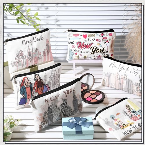 Landical 6 Sets New York Souvenir Gifts Include 6 Pcs New York Cosmetic Bag and 6 Pcs Metal Keychain for Women Traveler Christmas Party Gifts