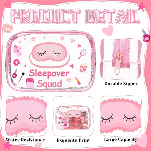 Aliceset 8 Pcs Sleepover Party Supplies Sleepover Squad Makeup Bags Slumber Birthday Party Favors Spa Squad Cosmetic Bag Spa Stuff Waterproof Toiletry Pouches Overnight Decorations(Pink)