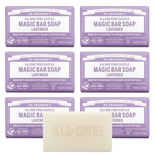 Dr. Bronner's Pure-Castile Magic Soap Bars (Lavender, 5 oz, 6-Pack)- Bath Soap with Regenerative Organic Certified Oils- For Face, Body & Hair - Gentle, Biodegradable, Vegan- Bar Soaps for Men & Women