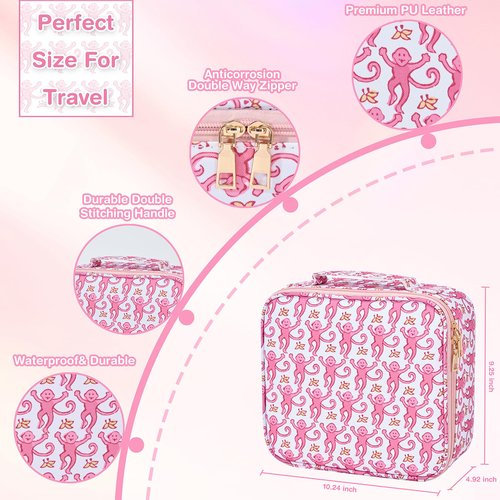 HMPEAIIY Travel Makeup Bag Organizer with LED Mirror, Portable Monkey Cosmetic Train Case with Adjustable Dividers, Brush Storage Board for Women Christmas Thanksgiving Valentine Birthday Gift (Pink)