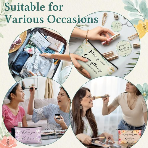Marsui 36 Pcs Christian Gifts for Women Mother's Day Church, 12 Set Christian Makeup Bags Bible Verse Compact Makeup Mirrors Lipstick Lip Balm Holder Bulk Bible Study Supplies Religious Baptism Gifts