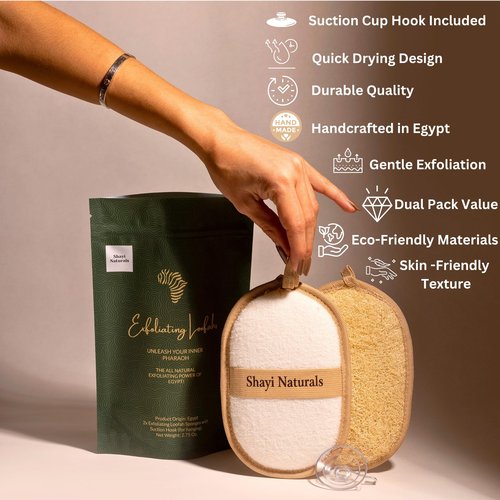 Shayi Natural Loofah Exfoliating Body Scrubber (2 Pack) & Hook to Dry. Loofa/Loofah Sponge as Face and Body Scrubber Exfoliator for Your Daily Shower Loofah Baths. Loofah for Women & Loofah for Men.