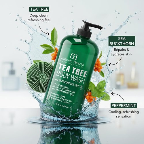Botanic Hearth Tea Tree Body Wash - Infused with 100% Pure Tea Tree Oil & Coconut | 16 fl oz Cleanser with Dual-Sided Brush