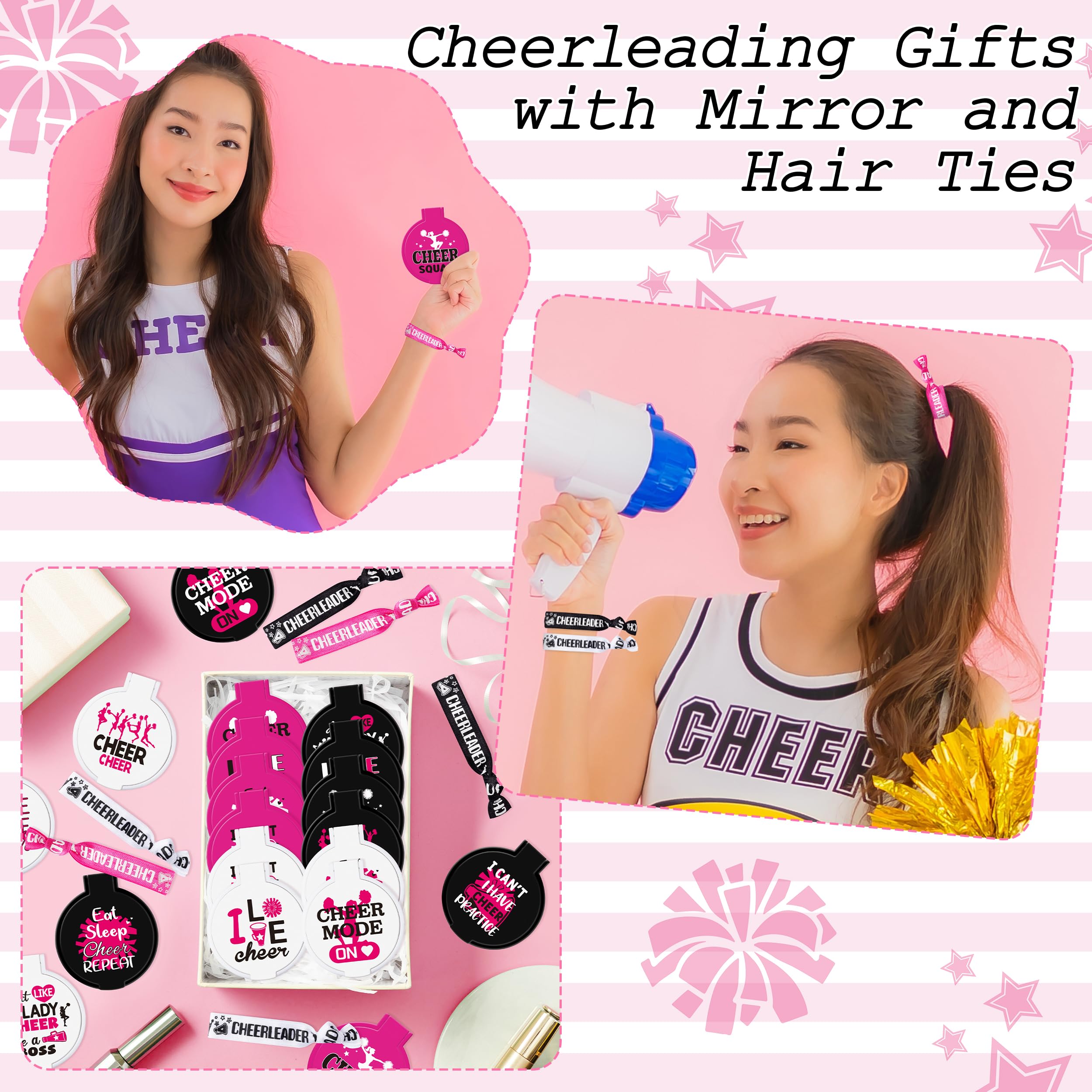 Y1tvei Cheerleading Mirror Hairband Gifts - 96Pcs Black White Pink Compact Mini Folding Pocket Mirrors with Hairbands I Love Cheer Team Accessories Bulk Gifts for Team Cheerleader Cheer Party Favors