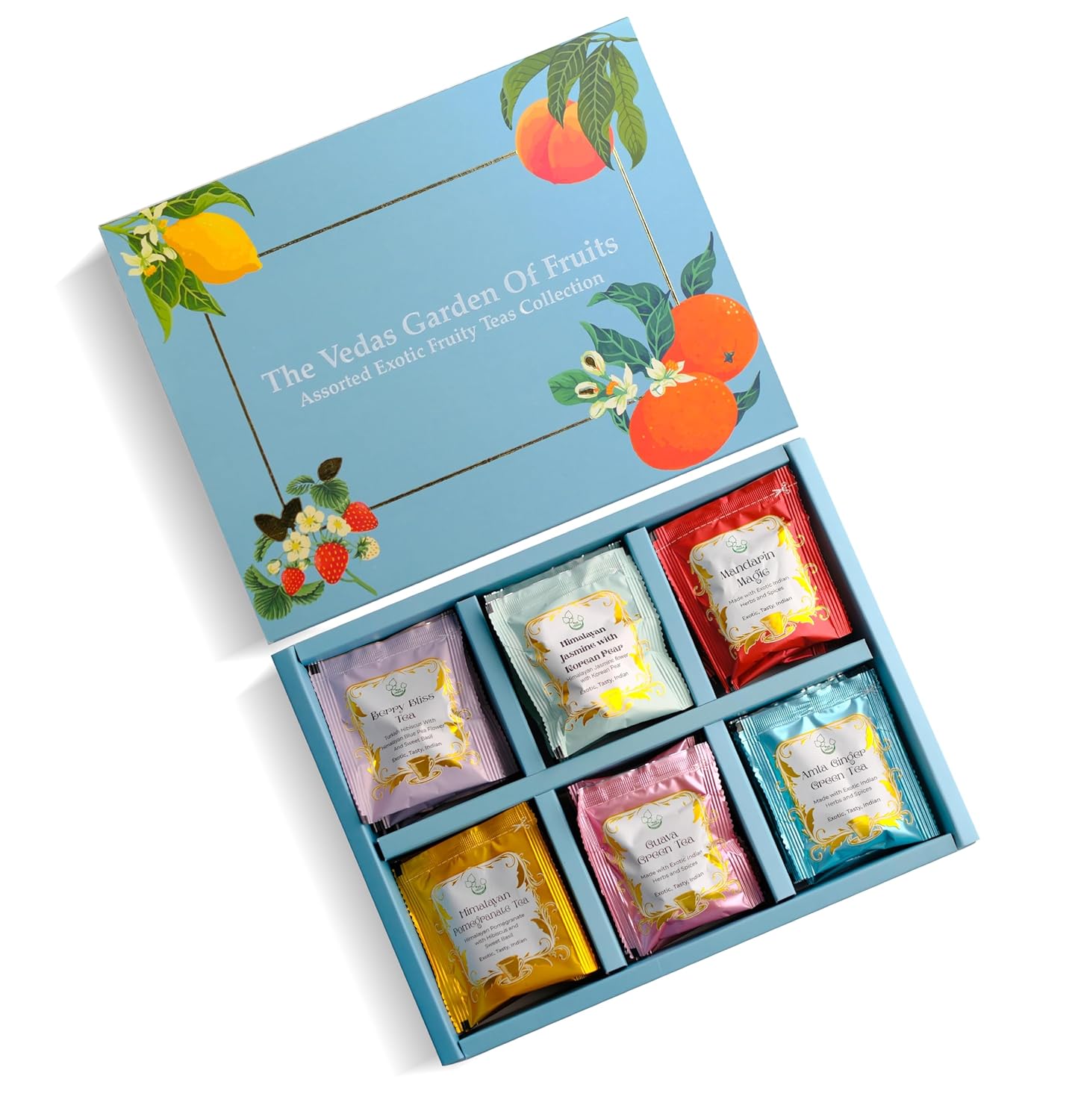 Vedas Garden Of Fruits Herbal Tea Gift Set - Premium Eco-Friendly Selection | 24 Hand-Stitched Teabags | 6 Flavors