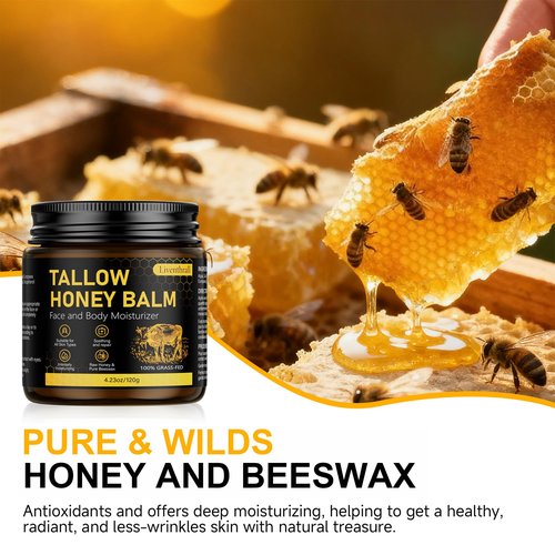 Organic Beef Tallow Honey Balm for Skin & Face, Whipped Beef Tallow Face Moisturizer with Raw Honey, Grass Fed Cow Beef Tallow Cream, All Natural Pure Body Lotion for Women & Men, Unscented 4.2 OZ