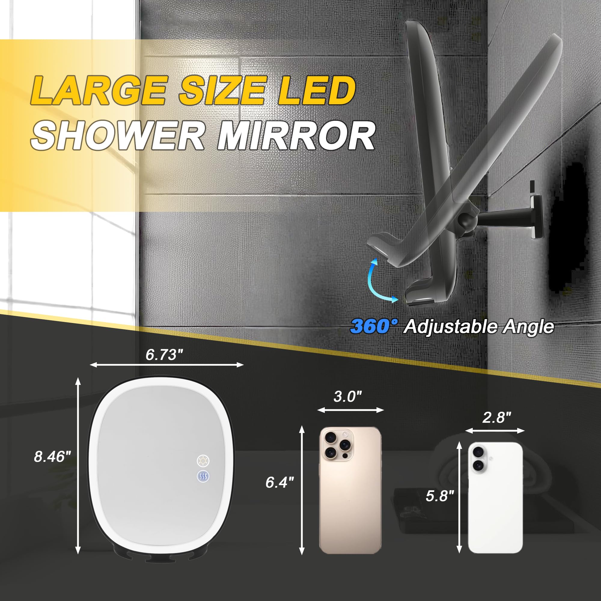 VOCOSTE Shaving Mirror for Shower Fogless, Heated Anti-Fog Mirror with 3-Color Dimmable LED Lights, 360° Rotation & 2 Weeks Runtime 5000mAh, Shower Mirror for Shaving Men, 2 Razors Holders