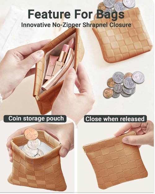 MXXUUOOM 2 PC small makeup bag for purse, Lipstick & Coin Storage Purse Organizer Pouches,Small Cosmetic Bag for Women,Brown Faux Leather Waterproof, Travel Makeup Pouch & Essentials