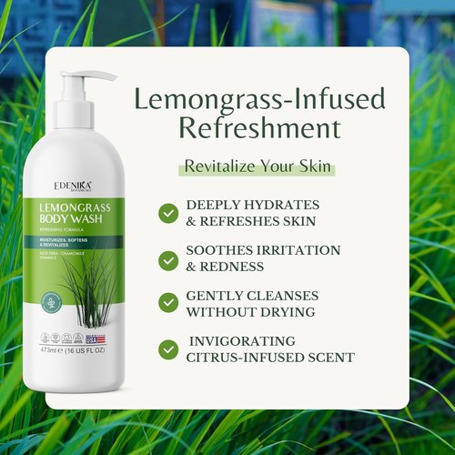 EDENIKA BOTANICALS Lemongrass Body Wash - Refreshing Vitamin E Shower Gel for Dry Skin | 16 fl oz