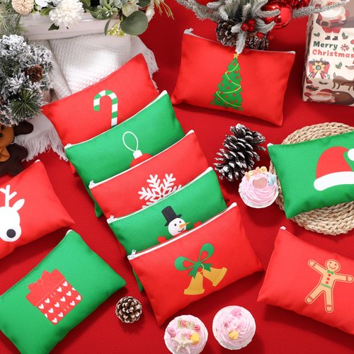SilTriangle 12 Pcs Christmas Makeup Bags Christmas Canvas Cosmetic Bags Bulk 9 x 6 Inches Pencil Pouch with Zipper Travel Toiletry Pouch for Women Winter Holiday Xmas Party Favor Gift (Classic Style)