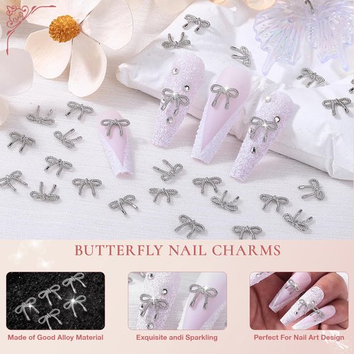 QPRETTY DU 3D Bow Nail Charms 100PCS Silver Metal Butterfly Nail and Gems Shiny Nails Art Decoration Supplies Accessories for Acrylic Nails DIY