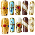 Handmade Press On Nails Middle/Long Square Luxury Acrylic Fake Nails - Vintage Red Heart & Diamond Gold Salon False Nails, 3D Press Ons Gift for Women (Luxury gold, L)