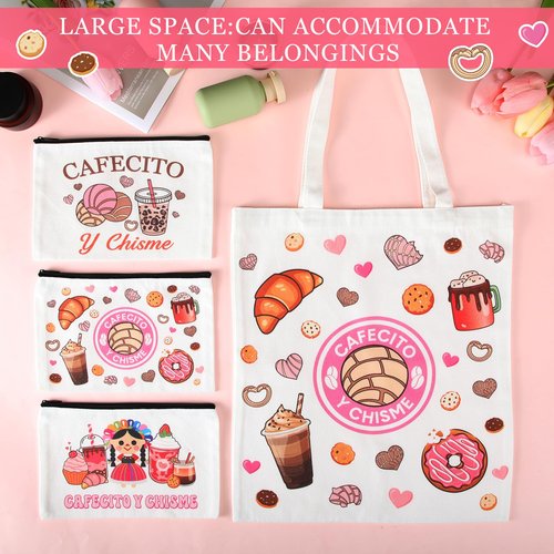 SilTriangle 6 Pcs Funny Cafecito Y Chisme Gifts Mexican Concha Coffee Tote Bags and Makeup Bags Set Mexican Latina Coffee Theme Gift for Mother's Day Women