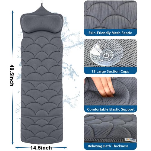 REEZEIVI Full Body Bath Pillow,Thick Bathtub Cushion with Laundry Bag,Bath Pillow with 13 Non-Slip Suction Cups,Soft 3D Mesh Fabric,Bathtub Cushion for Headrest Neck and Back Support (Gray)