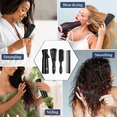 BrushZoo Hair Brush Set - Detangling Brushes for Curly & Natural Hair | Includes Wide Tooth Comb & Spray Bottle