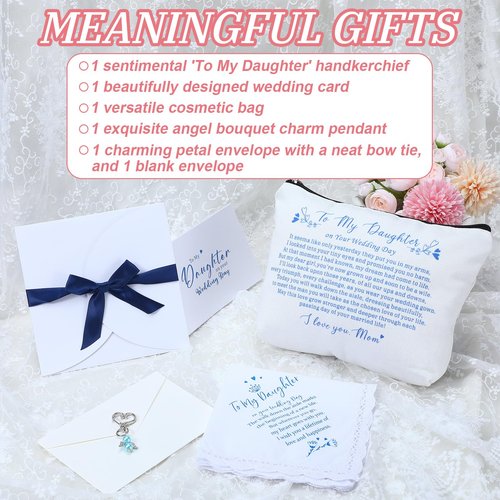 SilTriangle 6 Pcs Wedding Gift to Daughter from Mother Include Embroidered Handkerchief Bride Angel Charms Card Makeup Bag Petal Envelope Blank Envelope for Wedding Day Bridal Shower Keepsake