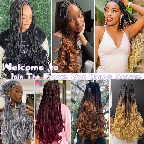 French Curl Crochet Braids 22 Inch Goddess Box Braids Crochet Hair for Women 8 Packs Pre Looped Crochet Box Braid with Curly Ends Synthetic French Curly Braiding Hair Extensions (1B#)