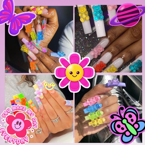 Namifin 3D Bear Nail Charms Bulk Y2K Lollipops Fruits Cherries Kawaii Gummies Oacen Beach Moon Bowknots Hearts Pearls Cute Nail Charms for Nail Art DIY Accessories