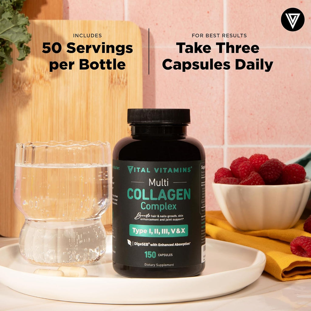 Vital Vitamins Multi Collagen Capsules - Types I, II, III, V, X - Grass Fed & Non-GMO - 150 Count