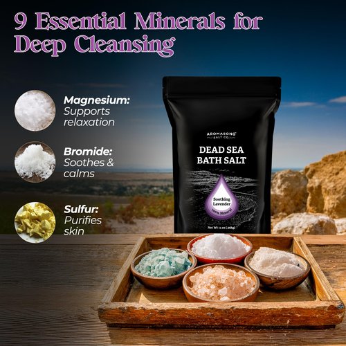 Aromasong Pure Dead Sea Salt for Soaking with 100% Natural Lavender, 14 Oz. - Spa Bath Salt Fine Grain - Body Wash Scrub - Soak for Women & Men- Resealable Pack