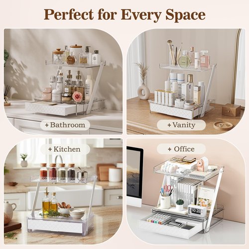 3-Tier Bathroom Countertop Makeup Organizer - Tall Big Make Up Storage with Slide-Out Tray & Bottom Drawer, Transparent Acrylic for Cosmetics Brushes Lipsticks Skincare