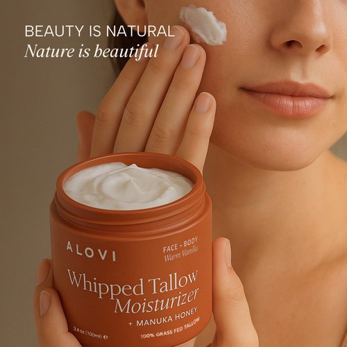 ALOVI Whipped Tallow Moisturizer – 100% Grass-Fed Beef Tallow for Face & Body – Infused with Manuka Honey, Calendula & Almond Oil – Warm Vanilla Scent