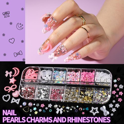FANDAMEI Nail Charms and Gems, 8 Boxes Nail Art Kit for Design, Multi-Shape Rhinestones for Nails Flat Back Pearls Jewels, 3D Fruit Flower Candy Nail Charms, Gold Nail Studs Jewels
