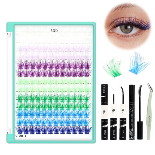 BODERMINCER Lash Clusters Kit 10-12-14-16mm Mixed Natural D Curl Fairy Lashes Pre-glue Lash Extension Kit Bond and Seal Kit For Self Use DIY at Home (Lash KIT M02# Colorful 14MM)