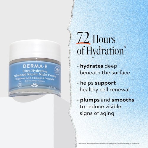 Derma E Ultra Hydrating Night Cream - Advanced Overnight Face Moisturizer with Hyaluronic Acid | 2 oz