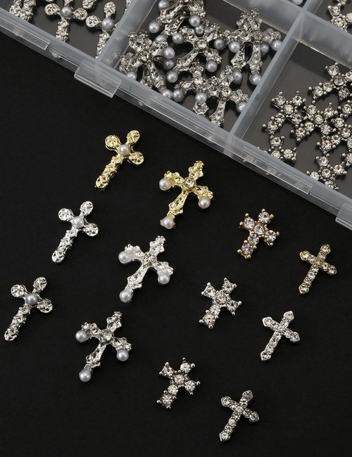 OPMADM 120 Pcs 3D Cross Nail Charms 12 Grids Metal Nail Art Charms White Gold Silver Gold Cross Charms for Nails