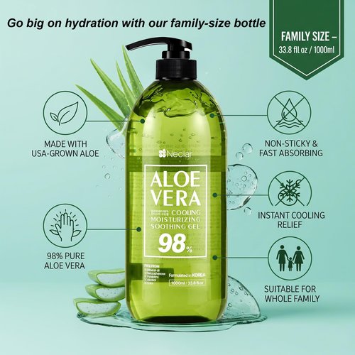 Neclar 98% Pure Aloe Vera Gel for Sunburn Relief - Big 33.8oz / 1000ml - Aloe Vera - For Face, Skin and Hair - After Sun Care lotion - Sun Burn Moisturizer Cream (33.8 Fl oz)