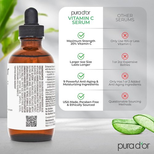 PURA D'OR 20% Vitamin C Facial Serum - Antioxidant Blend with Retinol & Hyaluronic Acid | 4 Oz Hydrating Formula for Daily Use